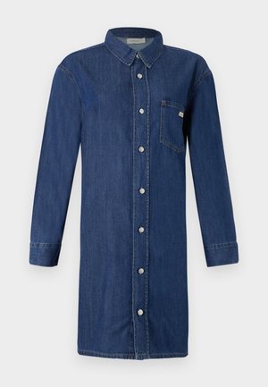 Denim shirt dress in dark blue, featuring a button-down front, long sleeves, collar, and a chest pocket. Smooth texture with a classic fit.