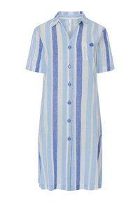 Vestido de rayas azul y blanco de manga corta, con cierre de botones en la parte delantera y botones a juego, bolsillo en el pecho y fabricado en una tela ligera.