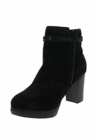 Bottines en daim noir avec un talon large, fermeture éclair latérale et une sangle décorative autour de la cheville.