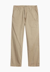Beige straight-leg chinos with belt loops, front button and zipper closure, and slant front pockets.
