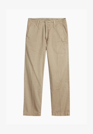 Beige straight-leg chinos with belt loops, front button and zipper closure, and slant front pockets.