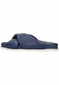 Marineblauwe schuif sandalen gemaakt van zacht, textuur materiaal; voorzien van een knoopontwerp aan de voorkant en een witte rubberen loopzool.