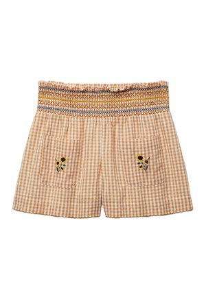 Short vichy beige et blanc avec taille élastiquée smockée et poches avant brodées de petits tournesols.
