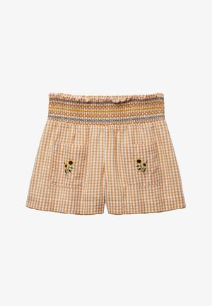 Short vichy beige et blanc avec taille élastiquée smockée et poches avant brodées de petits tournesols.