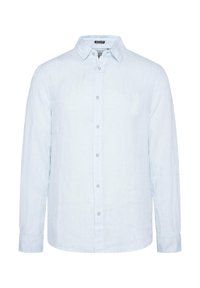 Camisa de lino de manga larga azul claro con cuello abotonado y cinco botones en el frente. Presenta un ajuste relajado y puños doblados.