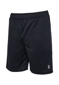 Zwarte sportshorts met een elastische tailleband, gladde textuur en een subtiele glans. Heeft een klein wit logo op het onderbeen.