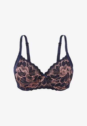 Soutien-gorge en dentelle bleu marine avec un motif floral en rose, bretelles réglables, bords festonnés et un petit nœud au centre.