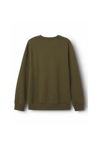 Felpa verde oliva, caratterizzata da un collo rotondo, maniche lunghe e polsini a costine, con una superficie liscia e un design minimalista.