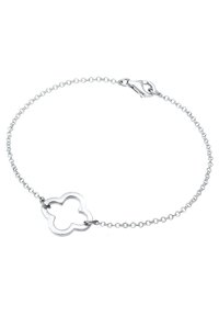 Silver chain bracelet featuring a flower-shaped link with an open center. The design has a smooth, polished finish and a lobster clasp.
