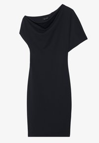 Zwarte jurk met een gedrapeerde colhals en korte mouwen. Gemaakt van glad, rekbaar materiaal met een aansluitende pasvorm.