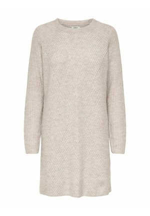 Tunique en tricot beige clair à manches longues, présentant une texture côtelée et un motif en losanges, un col rond et une coupe décontractée.