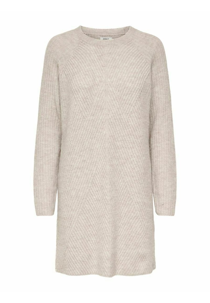 Tunique en tricot beige clair à manches longues, présentant une texture côtelée et un motif en losanges, un col rond et une coupe décontractée.