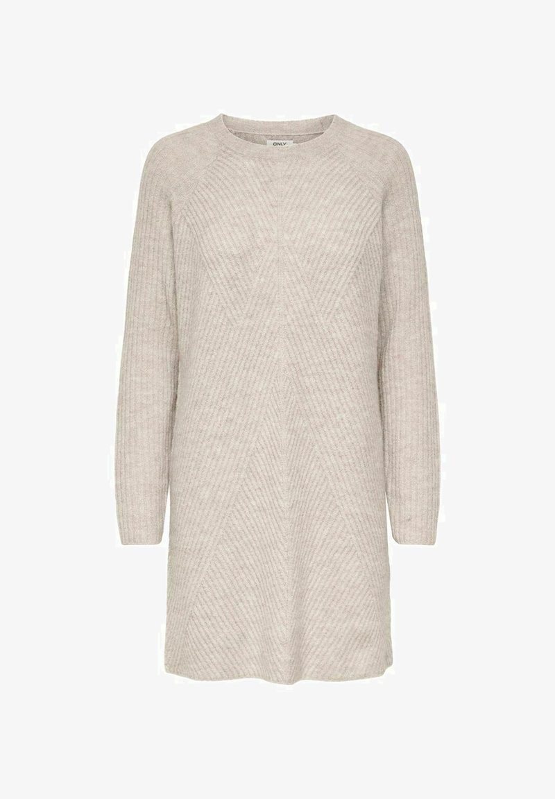 Világos bézs kötött tunika hosszú ujjakkal, bordázott textúrával és gyémántmintával, kerek nyakkivágással és laza szabással.