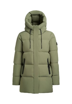 Puffy olijfgroene parka met een hoge kraag, zwarte rits, dubbele zijzakken en een capuchon met trekkoord, voorzien van gestikte panels voor textuur.