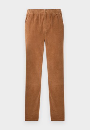 Pantalones de pana marrón con cintura elástica, que cuentan con un cierre de botón. Diseño de pierna recta y tela suave y texturizada.