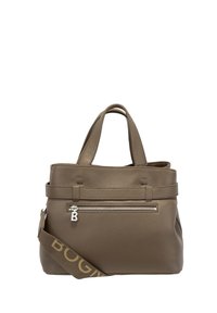 Oliven læder håndtaske med dobbelte håndtag, lynlåslomme foran og en aftagelig rem med "BOG" tekst. Struktureret overflade og minimalistisk design.