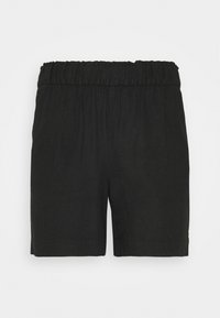 Pantalones cortos de lino negros con una cintura elástica, que cuentan con un corte holgado y un acabado de dobladillo sencillo. La textura parece ligera y transpirable.