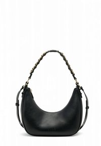 Schwarze Leder-Umhängetasche mit geschwungener Form, geflochtenen goldfarbenen Beschlägen am Riemen und glatter Textur. Verfügt über einen Reißverschluss.