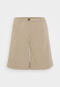 Short beige taille haute avec fermeture par boutons, passants de ceinture, poches latérales et larges ourlets, présenté sur un fond uni.