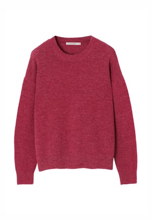 Red knitted sweater with a round neckline, long sleeves, and ribbed cuffs and hem. Soft texture and relaxed fit enhance comfort.