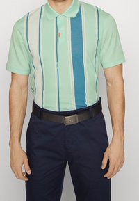 Polo shirt vert clair avec des rayures verticales bleues et blanches, doté d'un col, de trois boutons et d'un petit accent orange. Porté avec un pantalon marine foncé.