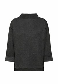 Pull gris foncé avec un col montant, une texture côtelée, des épaules tombantes et des poignets retroussés. Dispose de fentes latérales à l'ourlet pour plus de confort.