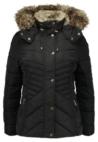 Giacca a vento nera con cappuccio, rifinitura in pelliccia sintetica, trama trapuntata diagonale, accessori in tono oro e tasche con zip.