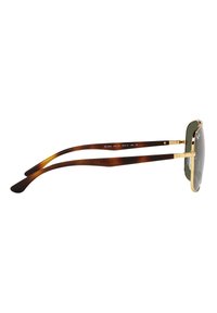 Occhiali da sole tartarugati marroni con dettagli in metallo dorato, forma pilota, lenti verdi e aste sottili e affusolate. Modello RB 9583, misura 135.