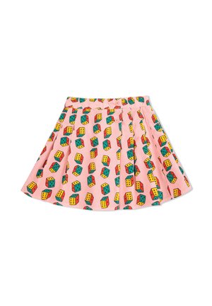 Pink skirt with a pleated design, featuring a colorful pattern of 3D dice in red, green, and yellow. Fastened with buttons at the waist.