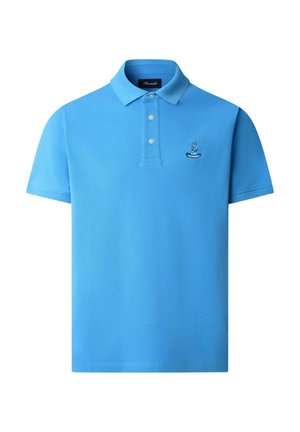 Blauw polohemd met korte mouwen, een kraag, drie knopen en een klein geborduurd logo op de linkerborst.