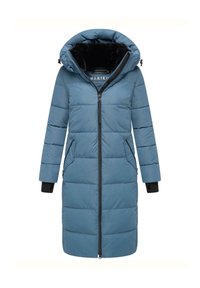 Abrigo acolchado azul con capucha, costuras verticales, cierre de cremallera y dos bolsillos laterales. Cuenta con puños negros con abertura para el pulgar. Interior suave forrado.