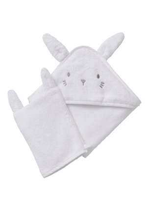 White baby hooded towel and washcloth with bunny ears and embroidered face details.