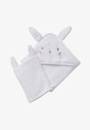 White baby hooded towel and washcloth with bunny ears and embroidered face details.