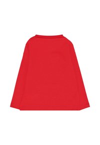 Camicia rossa a maniche lunghe, design semplice, scollo a girocollo, esposta piatta con il retro rivolto verso l'alto su uno sfondo bianco.
