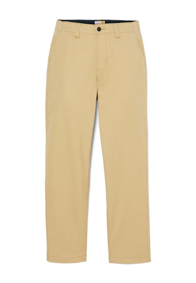Chino beige con una texture liscia, design a gamba dritta, chiusura a un bottone e tasche laterali. Il tessuto in cotone offre comfort e durata.