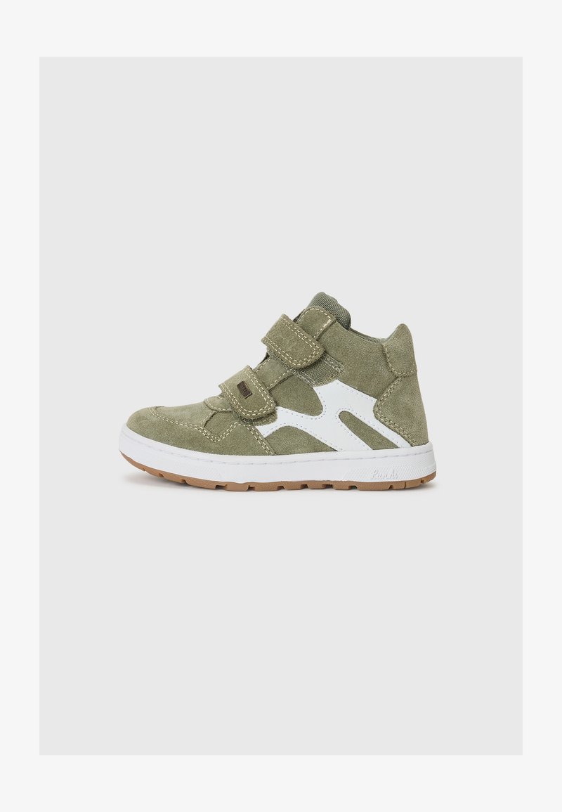 Zelené semišové vysoké tenisky s bielymi akcentmi, suchými zipsami, polstrovaným golierom a gumovou podošvou.