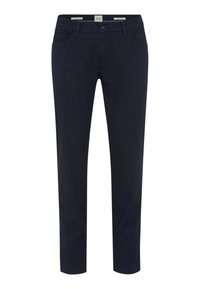 Marineblaue Baumwollhosen mit schlankem Schnitt, fünf Taschen, Knopfverschluss und dezenten Steppnähten.