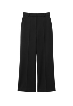 Schwarze weite Hosen aus einem glatten Stoff, mit vorderen Falten, Seitentaschen und einem taillierten Taillenbund für eine strukturierte Passform.