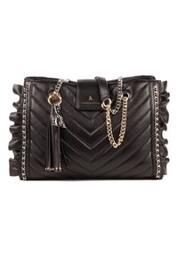 Borsa a tracolla in pelle nera trapuntata con catene, dettaglio con nappine, accessori dorati e bordi arricciati. Caratterizzata da un motivo a zig zag e chiusura sicura.