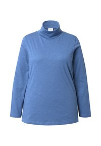 Modrý rolák s dlouhým rukávem vyrobený z měkké látky, s volným střihem, hladkou texturou a jemným melírovaným vzorem.