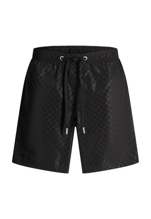 Short de bain noir avec un motif géométrique subtil, taille élastique et cordon noir avec embouts métalliques.