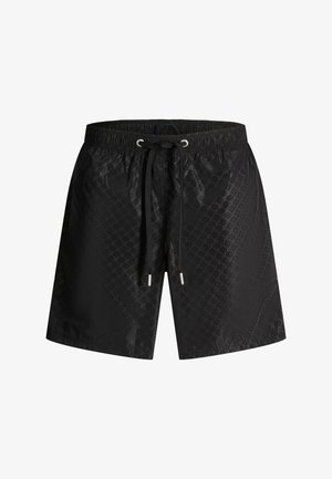 Short de bain noir avec un motif géométrique subtil, taille élastique et cordon noir avec embouts métalliques.