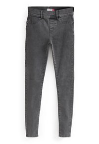 Dunkelgraue, stretchige Skinny-Jeans mit Fronttaschen, Gürtelschlaufen und sichtbaren Nähten, flach auf einem weißen Hintergrund präsentiert.