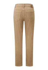 Beige, straight-leg pants made of smooth fabric. Features two back pockets and a button closure on the waistband at the back.