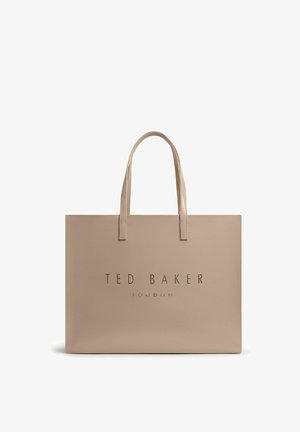 Beige rechthoekige tote tas met twee handvatten en "TED BAKER LONDON" in goud geperst aan de voorkant.