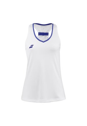 Hvid ærmeløs atletisk top med dyb v-hals og blå kant. Har en blå detalje bagpå og et lille logo foran.