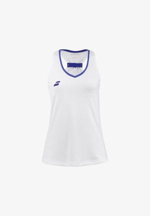 Weißes ärmelloses Sporttop mit tiefem V-Ausschnitt und blauer Borte. Verfügt über einen blauen Akzent auf der Rückseite und ein kleines Logo auf der Vorderseite.