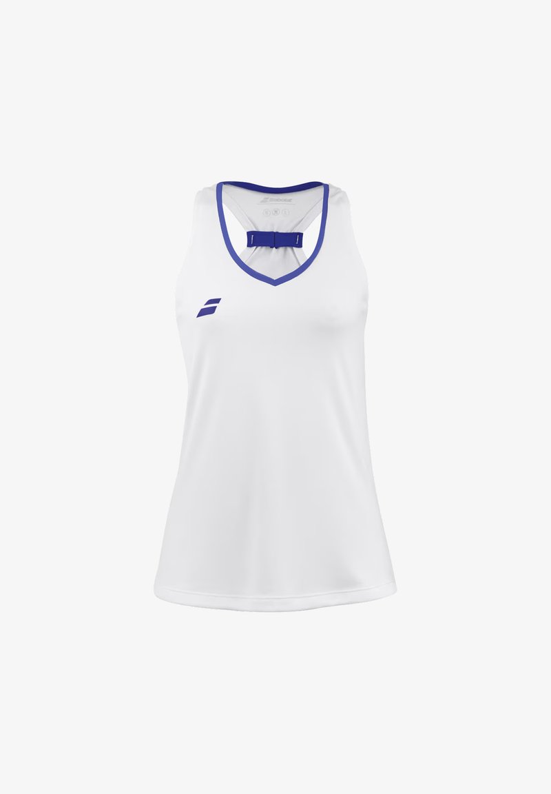 Top sportivo bianco senza maniche con scollatura a V profonda e rifiniture blu. Presenta un dettaglio blu sul retro e un piccolo logo sul davanti.
