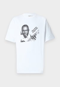 White cotton t-shirt featuring a black graphic print of a person and the text "the new originals" in a slanted font. Short sleeves, crew neck.