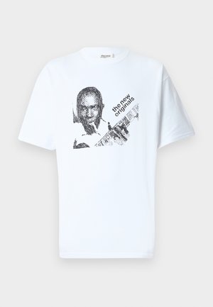 White cotton t-shirt featuring a black graphic print of a person and the text "the new originals" in a slanted font. Short sleeves, crew neck.
